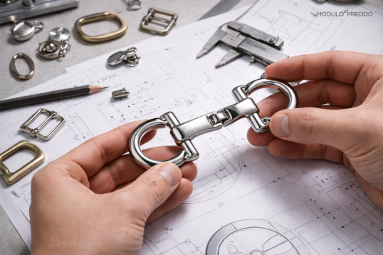Immagine dedicata allo sviluppo di accessori metallici per il settore moda, con focus su progettazione, campionatura, precisione tecnica e controllo qualità.